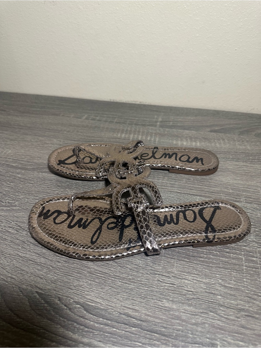 Sam Edelman Metallic Taupe Snake-Print Thong Sandals with Logo Accent